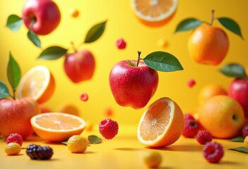 Naklejka premium bright colorful background levitating fruit composition vibrant fresh citrus apples berries visual delight art, berry, plum, pear, grape, pineapple, banana