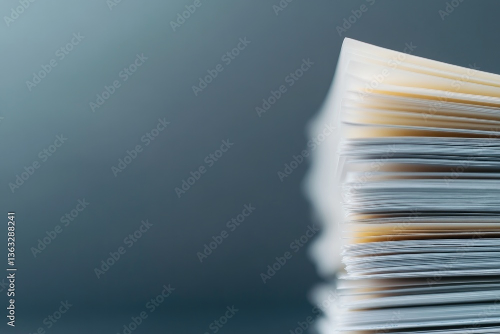 Poster close-up photo of stack of financial reports and regulatory documents with space for text or message