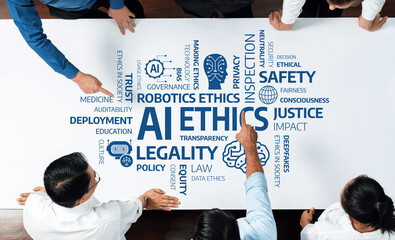 A collaborative setting with individuals examining key concepts in AI ethics, focusing on trust,...