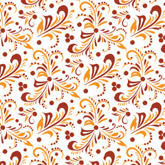 Russian old style ornament Hohloma in red and gold colors seamless pattern. Vector Floral slavic traditional decoration motive. For cards, fabric, textiles, clothing, packaging.