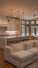 Elegant kitchen interior with marble island pendant lights and cozy white sofa creating a warm inviting space for modern living