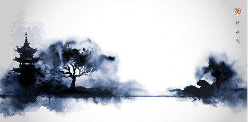 Blue ink wash painting of landscape with pagoda, trees, and mist on white background. Traditional oriental ink painting sumi-e, u-sin, go-hua. Translation of hieroglyph - zen