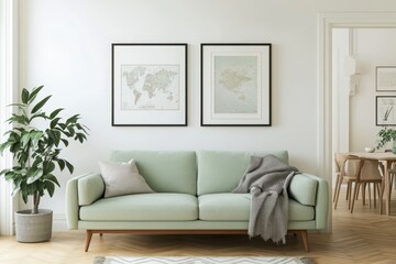 Scandinavian-inspired living room with mint green sofa wooden flooring and natural light