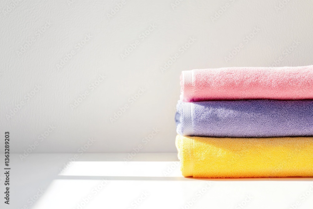 Poster neatly folded stack of colorful towels on white surface casting soft shadows with ample copy space s
