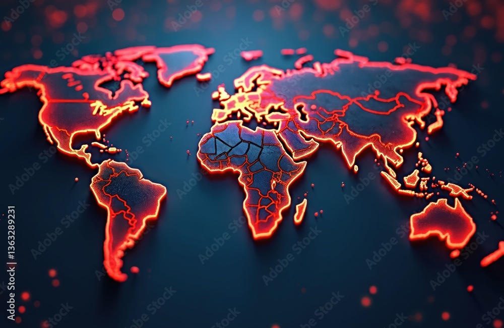 Aufkleber Digital map of world glowing at ransomware-affected areas demonstrates global cyber attacks scale. Red, orange, black colors, global tech security, information safety, data protection. security