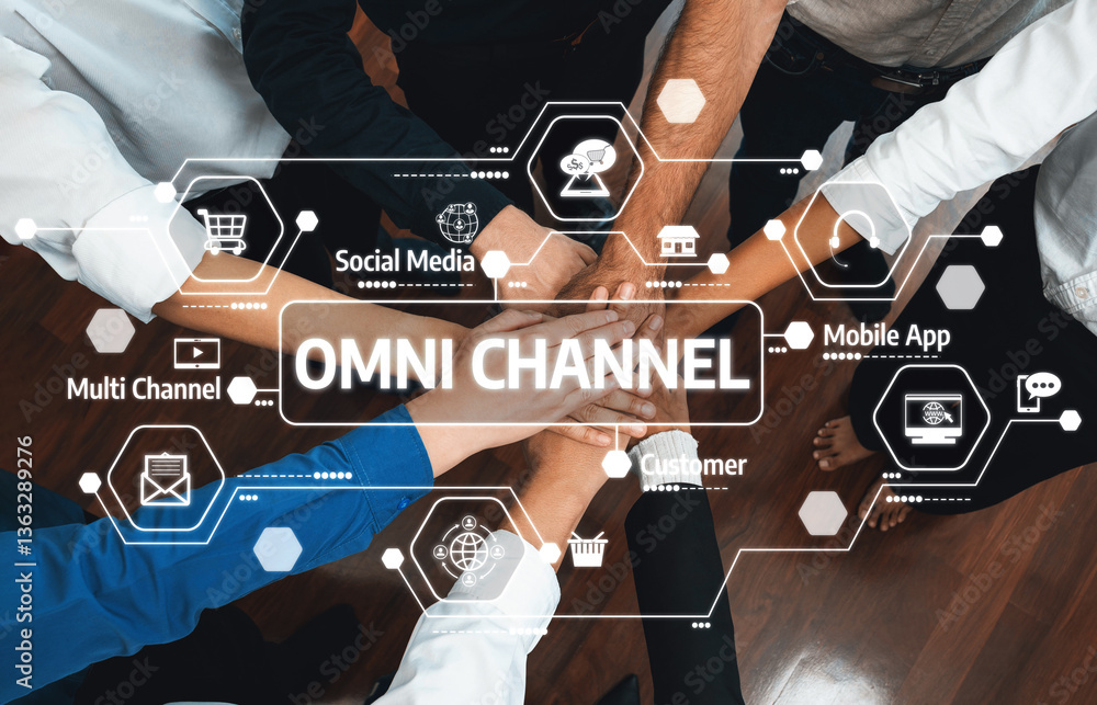 Poster a top view image of multiple hands joining together, representing collaboration in an omni channel s