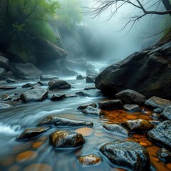 Mist-shrouded stream flows serenely over polished river rocks, stones, serene