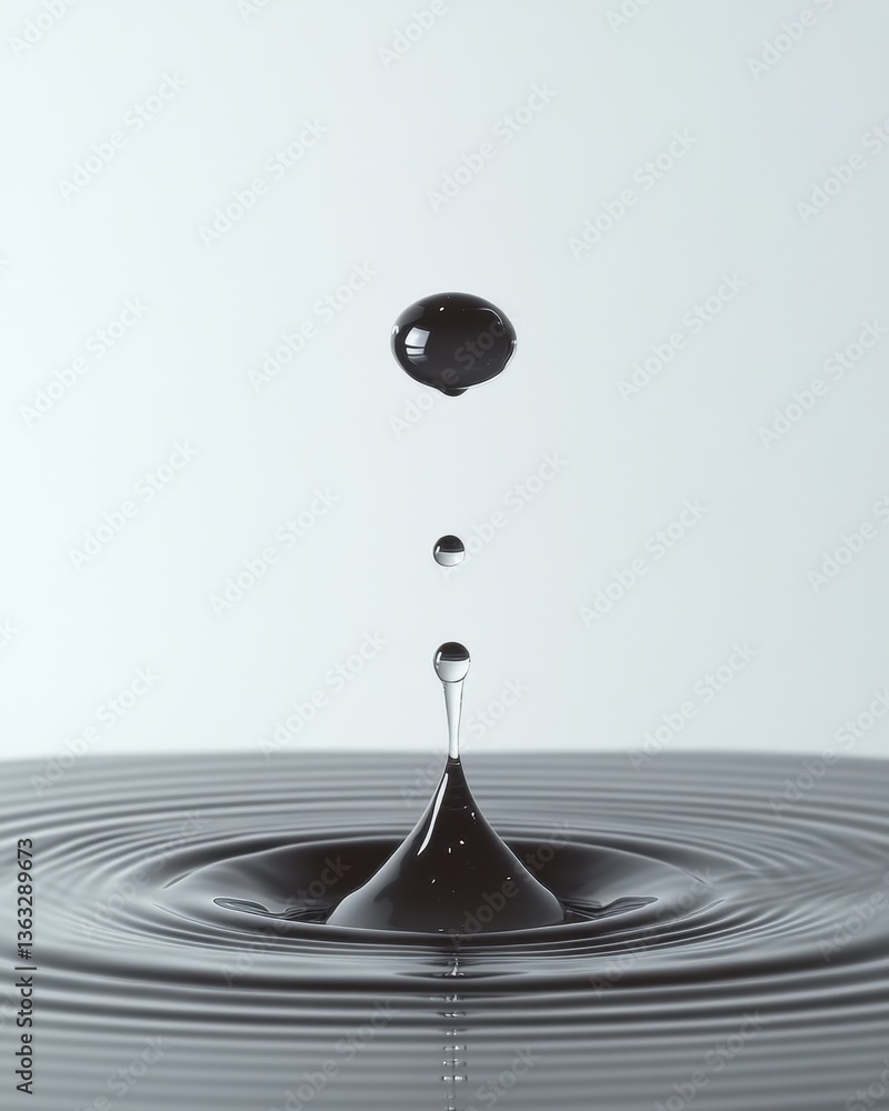 Poster captivating moment of a dark liquid drop falling into a pool creating ripples in a minimalist style