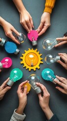 Hands surrounding different colored light bulbs symbolizing ideas