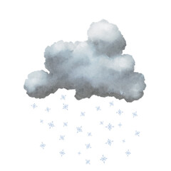 Winter cloud bringing snowfall over a quiet landscape at dusk with flakes gently falling down