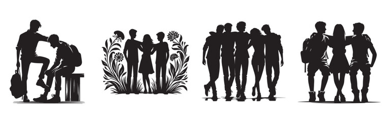 Silhouettes of people including a man with a sword and a walking group
