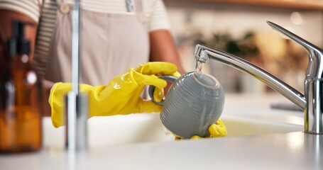 Hands, washing dishes and faucet with cup in kitchen for hygiene, home and stop bacteria with...