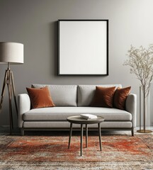 Modern living room interior with grey sofa, orange pillows, and a blank frame.