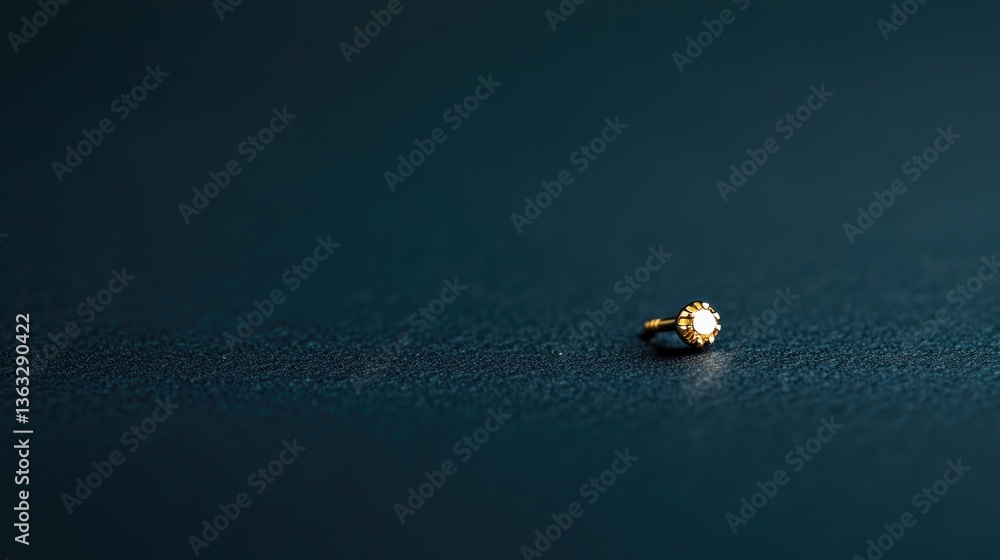 Poster clean shot of single titanium nose stud displayed on solid black background with soft lighting