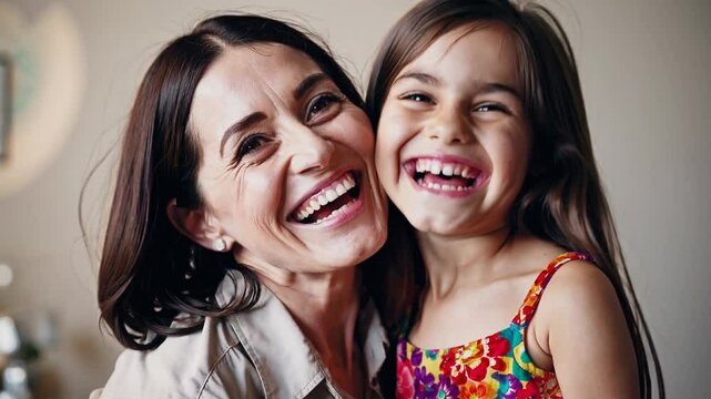 Happy family, portrait or child hug mother, mama or mom for morning bonding in hotel bedroom. Mother's Day or Vacation happiness, holiday affection or face of youth, kid or son with woman enjoy qualit