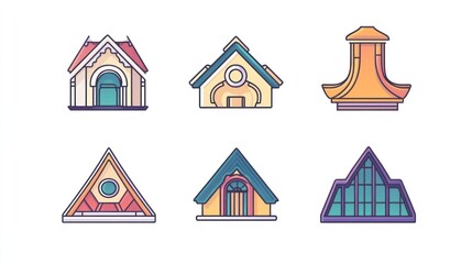 Colorful house architectural styles, design elements, illustration