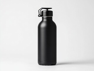 Sleek black stainless steel water bottle on white background in studio shot for hydration and healthy lifestyle