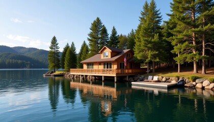 Obraz premium Cozy lakefront cabin retreat surrounded by tranquil nature, relaxation