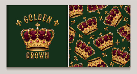 Vintage deluxe label, seamless pattern with imperial golden crown, fleur de lis sign. Detailed illustrations on dark green background. Kitsch style. © OA_Creation