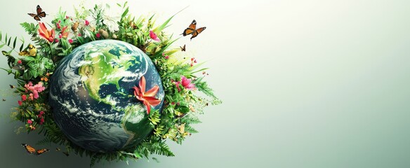 Vibrant earth surrounded by lush greenery, flowers, and butterflies on light background