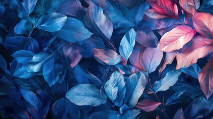 Vibrant, vibrant foliage in deep blues and pinks. Lush, textured leaves