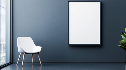 Interior features a white chair and a blank framed picture