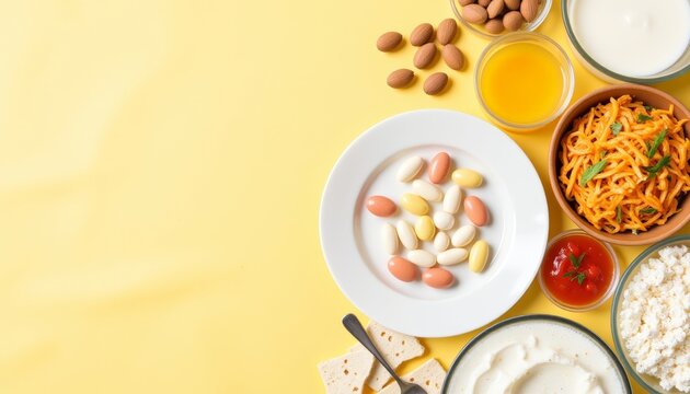 Vitamin D capsules and dairy products on yellow background, nutrition benefits