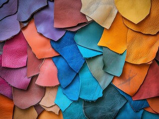 Vibrant overlapping leather pieces in purple, blue, orange, yellow, and pink with textured details