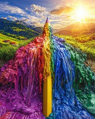 Vibrant oversized pencil with rainbow paint in lush sunset landscape