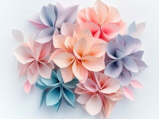 Vibrant pastel paper flower arrangement with intricate folds and layered petals