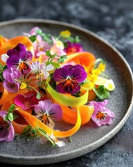 Vibrant plate of colorful edible flowers and sliced vegetables on gray plate