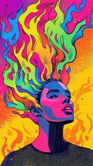 Vibrant pop art portrait with colorful flame hair and dynamic multicolored background
