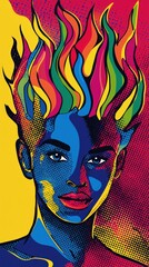 Vibrant pop art portrait with multicolored flame hair and bold patterns