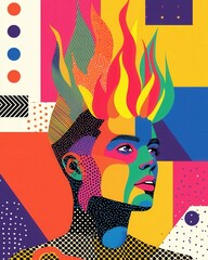 Vibrant pop art portrait with geometric shapes and fiery hair on abstract background