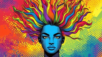 Vibrant pop art portrait with rainbow hair and abstract halftone background