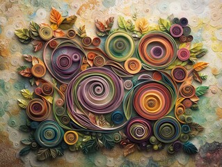 Vibrant quilling art with intricate spirals and leaf patterns on textured background