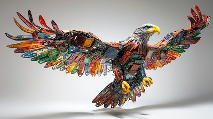 Vibrant recycled eagle sculpture in flight - colorful eco art