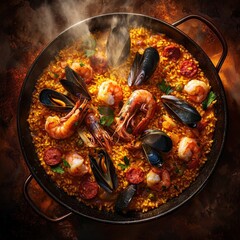 Vibrant spanish paella with shrimp, mussels, and chorizo on rustic background