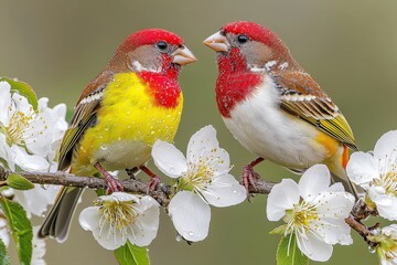 Vibrant red and yellow birds perched on blossoming branch with dewdrops