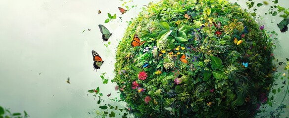 Vibrant spherical garden with diverse butterflies and flowers in harmony