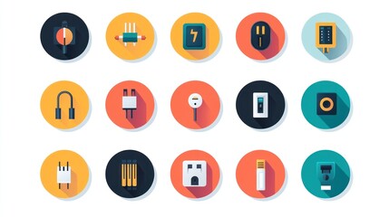 Colorful electrical component icons; flat design; website background