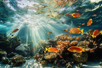 Vibrant underwater scene with tropical fish and coral reef in sunlit ocean