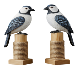 Title: Pair of handcrafted birds figurines with detailed feather textures on a white background