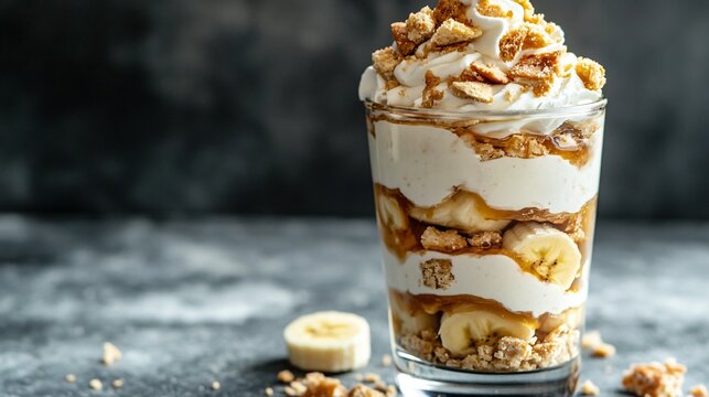 A banana pudding parfait layered with rich caramelized banana slices, whipped cream, and crushed biscotti in a tall glass