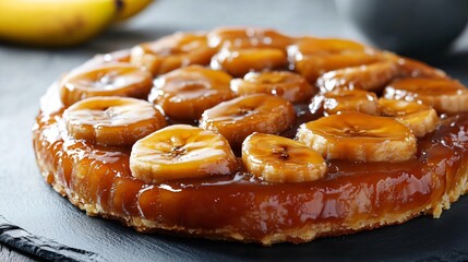 A banana tarte tatin with deeply caramelized bananas glistening under a thick layer of glossy caramel, served on a slate plate