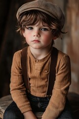 Vintage-style child in thoughtful pose with brown cap and suspenders