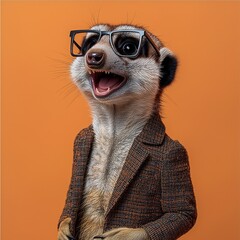 Whimsical meerkat in glasses and tweed jacket on orange background