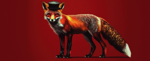 Whimsical fox in top hat against bold red background