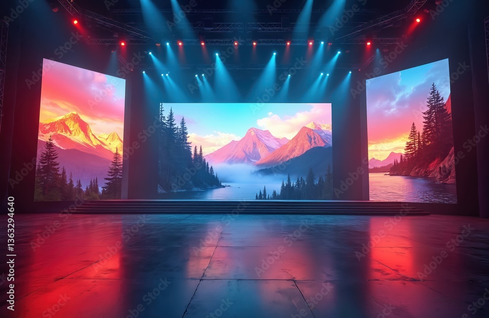 Poster modern stage set for performance or event with large screens displaying vibrant landscapes. dynamic 