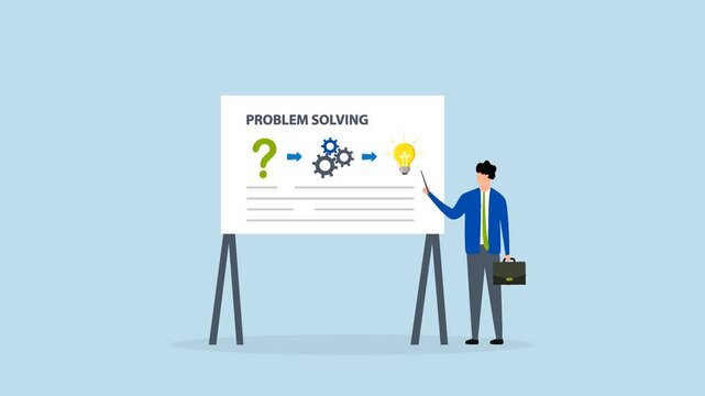 Problem solving skill,  4k animation of Entrepreneur demonstrates issue resolution process on whiteboard. 